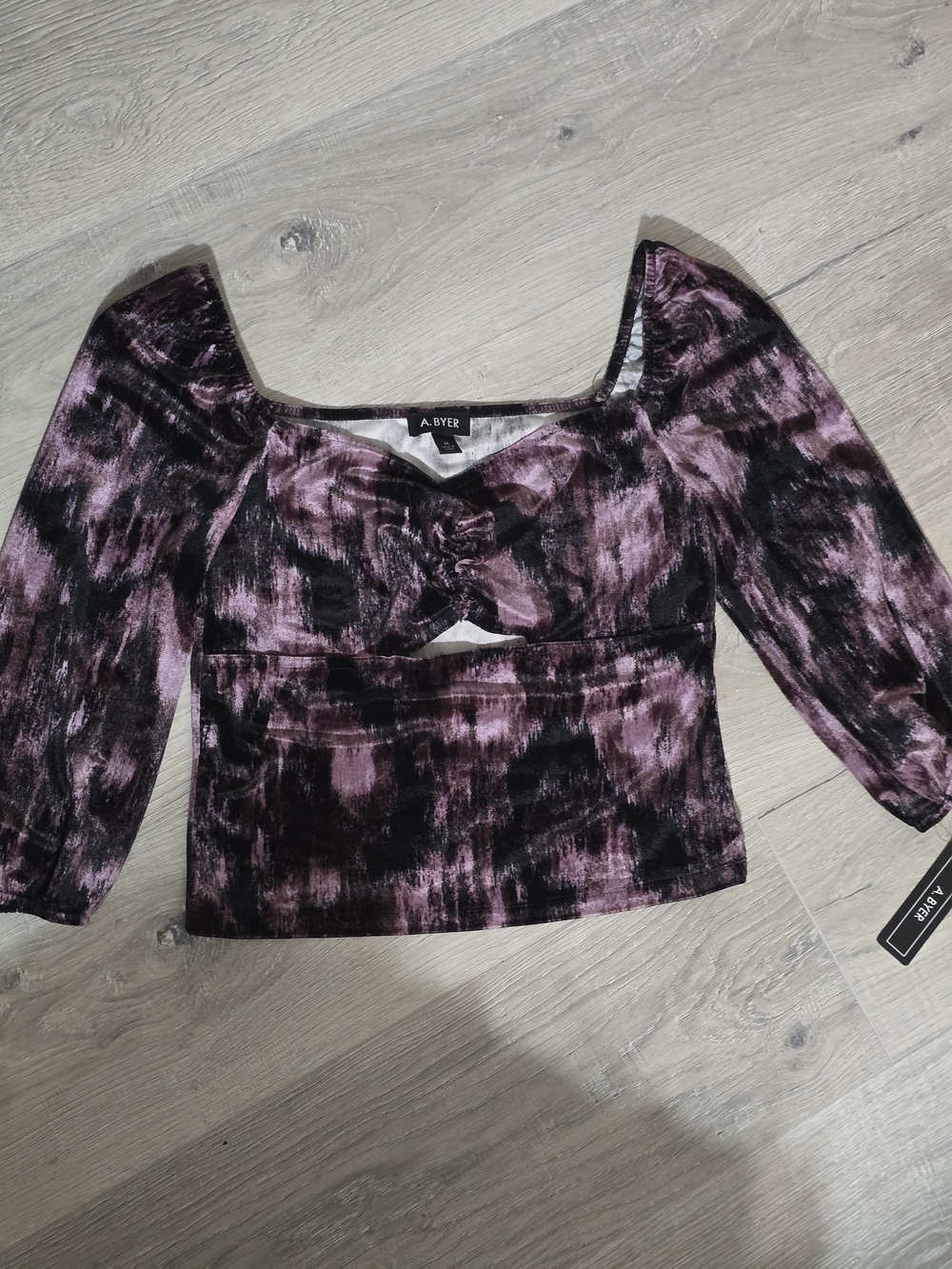 A. Byer Black & Purple Tie-Dye Twist Front Long Sleeve Crop Top